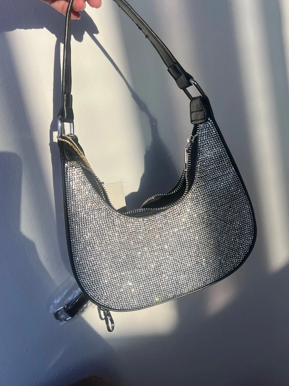 Black Crystal-Embellished Shoulder Rhinestone Crescent Shoulder Bag – Sparkly